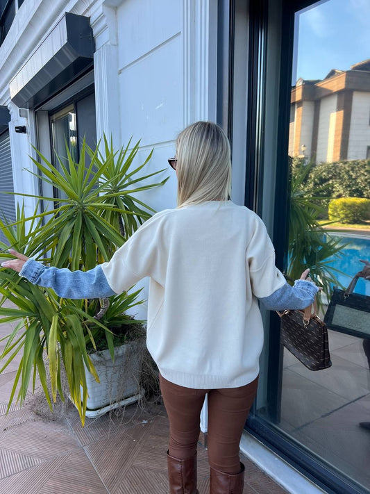 Cream Denim Sleeve Cardigan