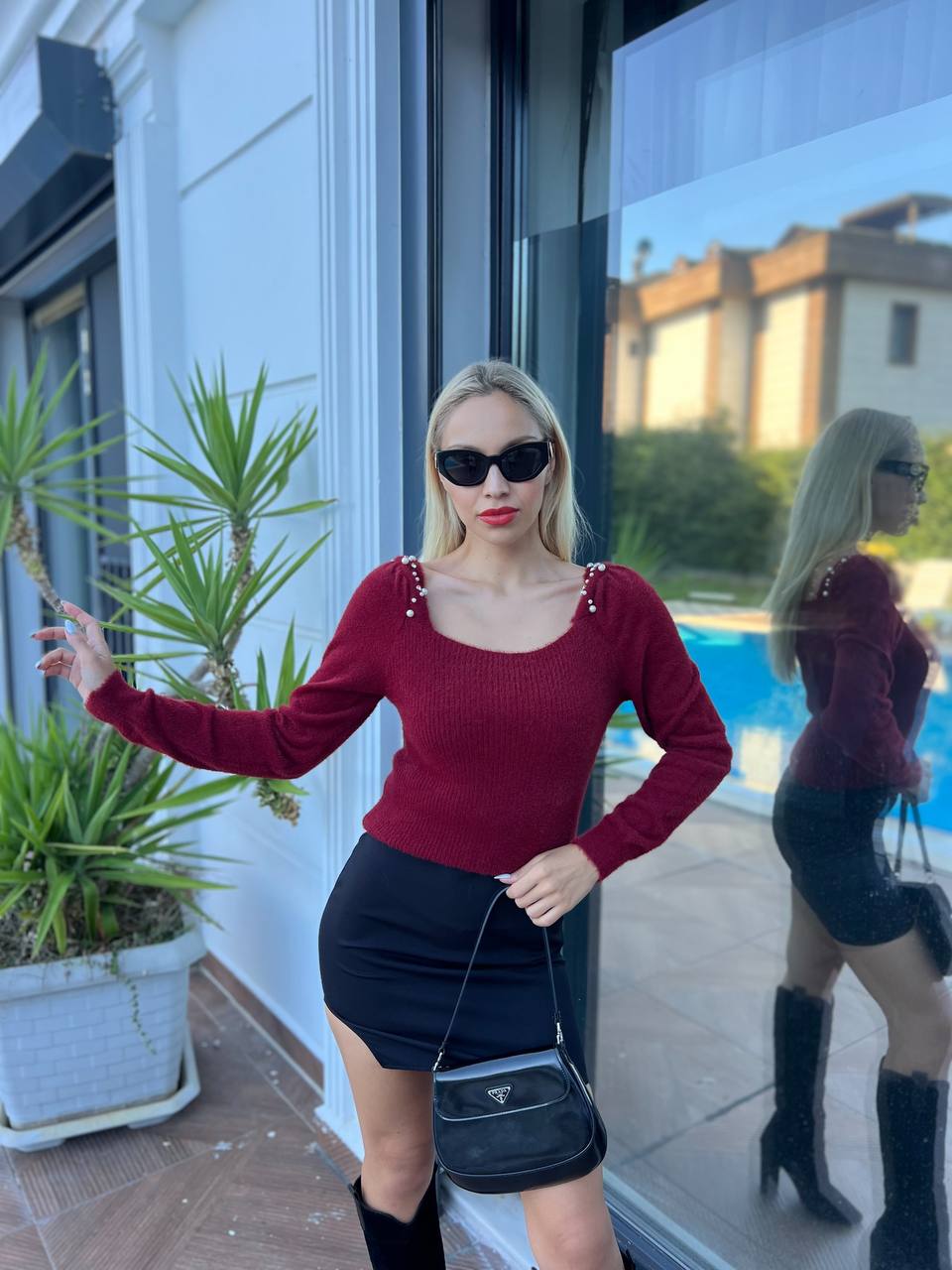 Red Square Neck Pearl Detail Sweater