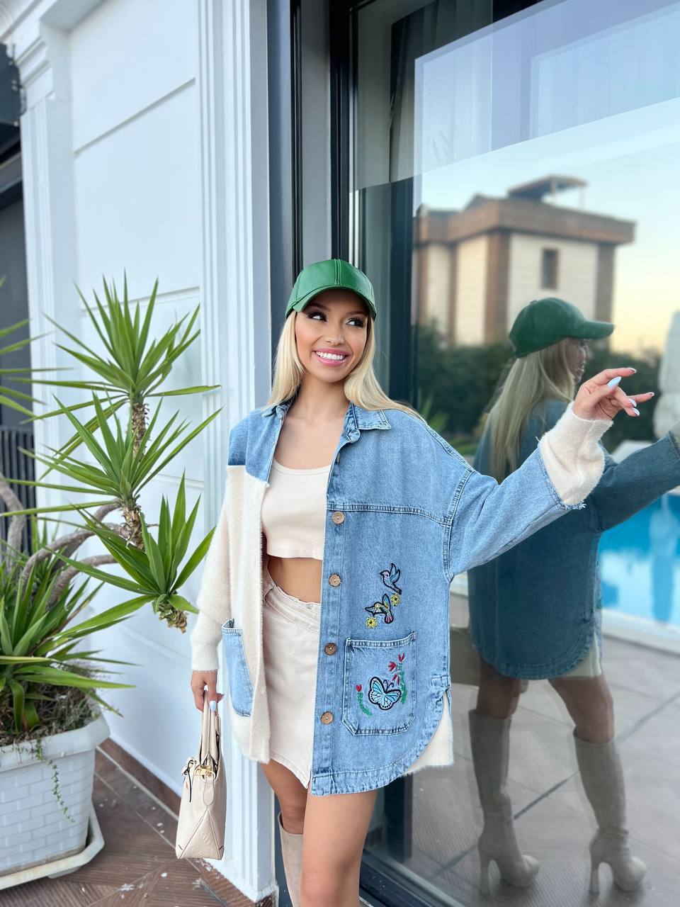 Embroidered Patchwork Denim & Knit Cardigan