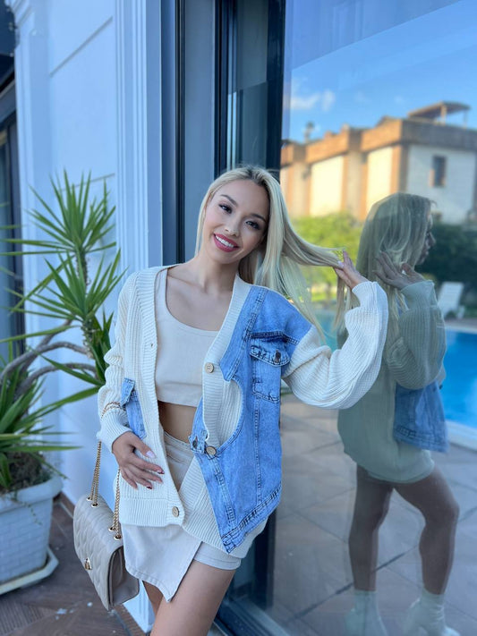 Denim Patchwork Mixed Knit Cardigan