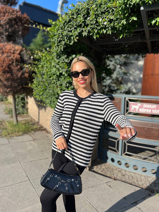Black And White Chunky Knit Cardigan