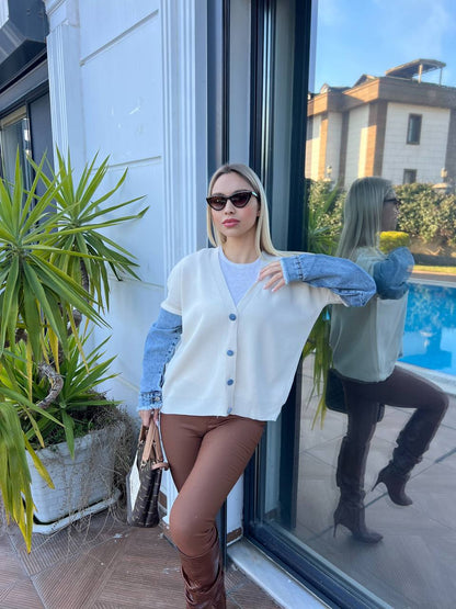 Cream Denim Sleeve Cardigan