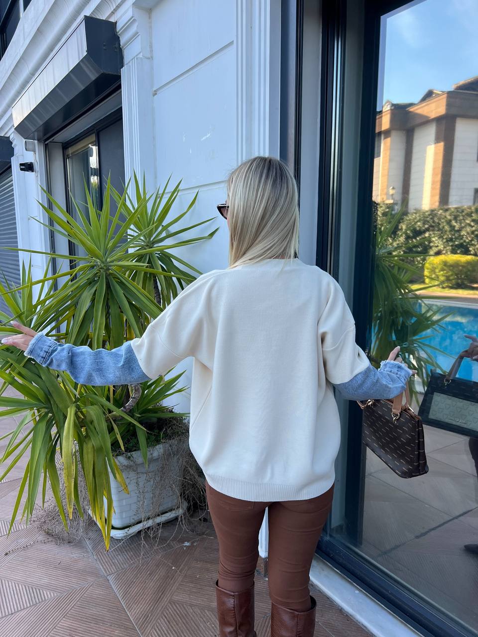 Cream Denim Sleeve Cardigan