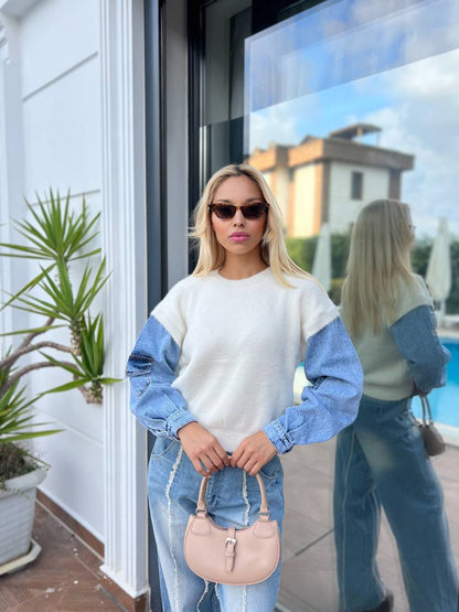 Casual Contrast Denim Sleeve Sweater