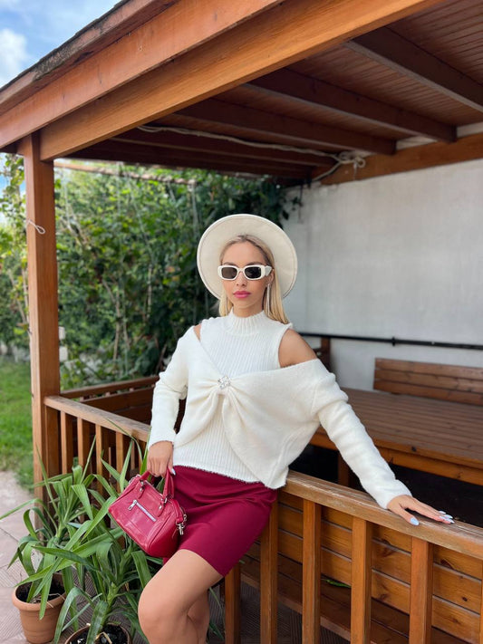 Cold-Shoulder Twist Front Sweater