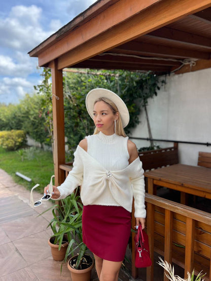 Cold-Shoulder Twist Front Sweater