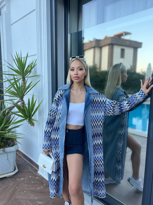 Chevron Knit & Denim Belted Long Coat