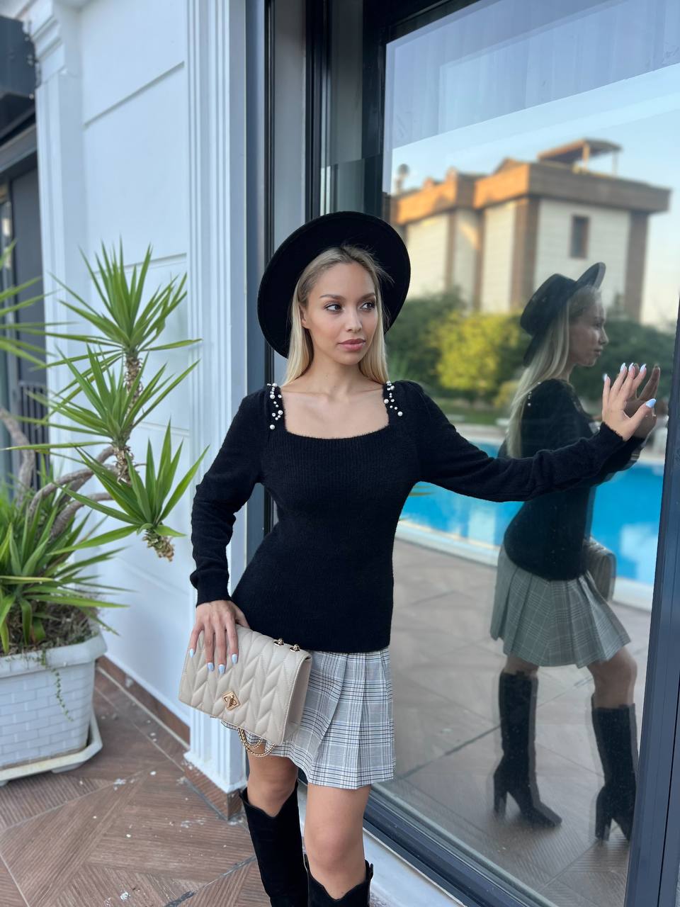 Black Square Neck Pearl Detail Sweater