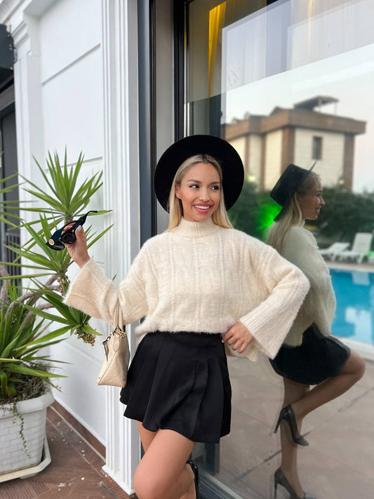 Beige Cozy Cable Knit Flared Sleeve Sweater