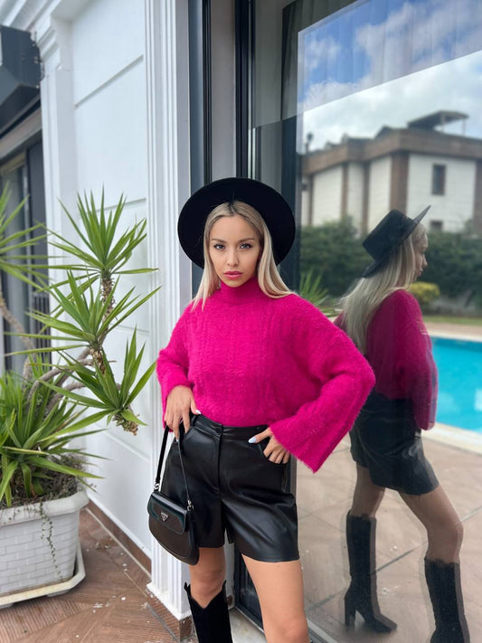 Fuchya Cozy Cable Knit Flared Sleeve Sweater