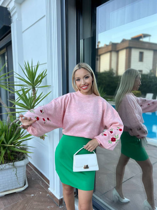 Floral Embroidered Balloon Sleeve Sweater
