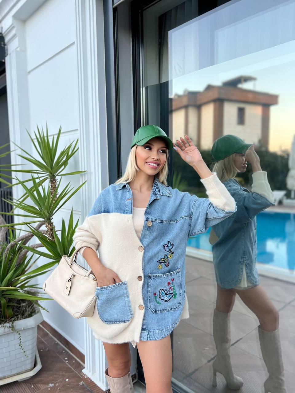 Embroidered Patchwork Denim & Knit Cardigan