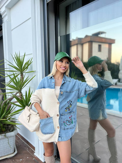 Embroidered Patchwork Denim & Knit Cardigan