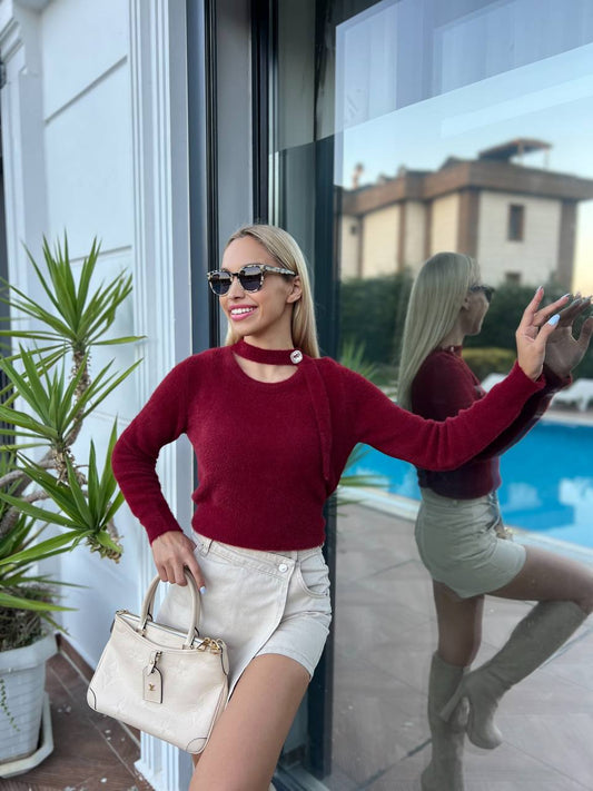 Red Ribbed Knit Scarf Neck Sweater