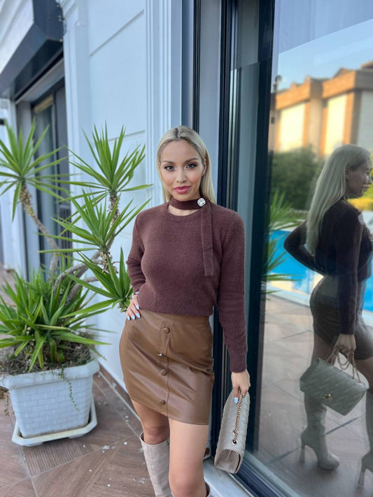 Brown Ribbed Knit Scarf Neck Sweater