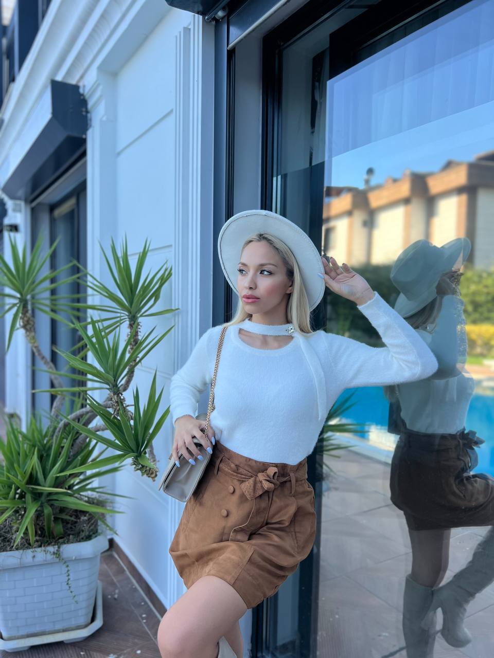 White Ribbed Knit Scarf Neck Sweater