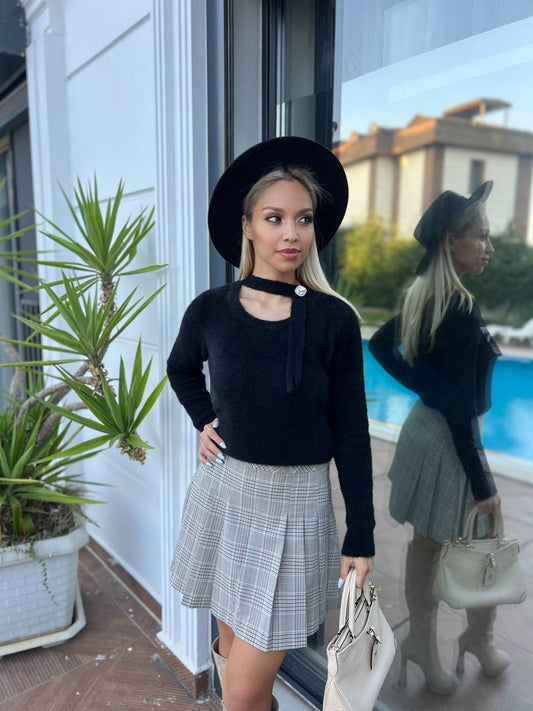 Black Ribbed Knit Scarf Neck Sweater