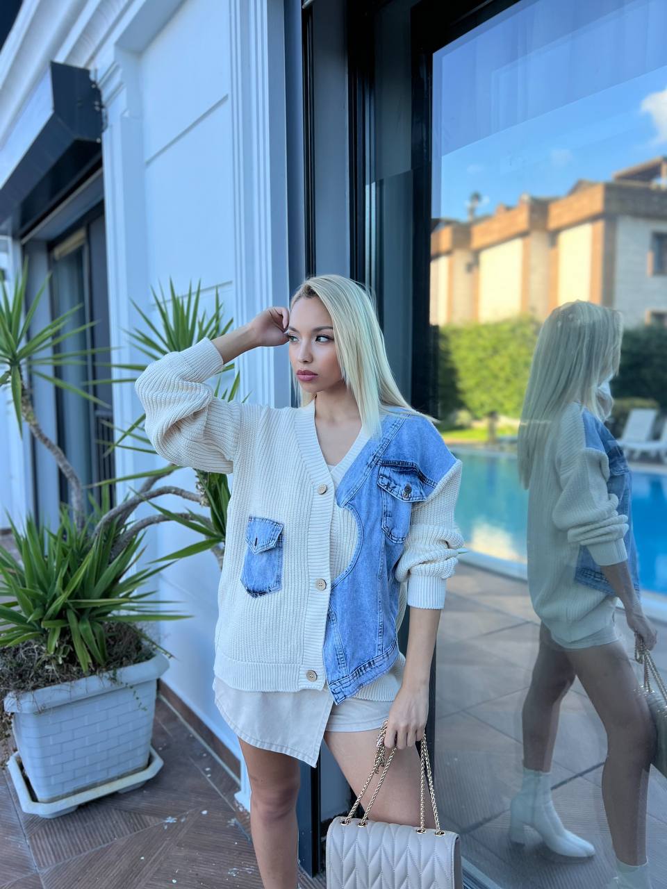 Denim Patchwork Mixed Knit Cardigan