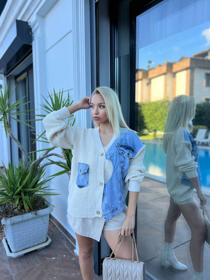 Denim Patchwork Mixed Knit Cardigan