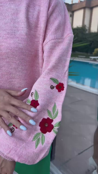 Floral Embroidered Balloon Sleeve Sweater